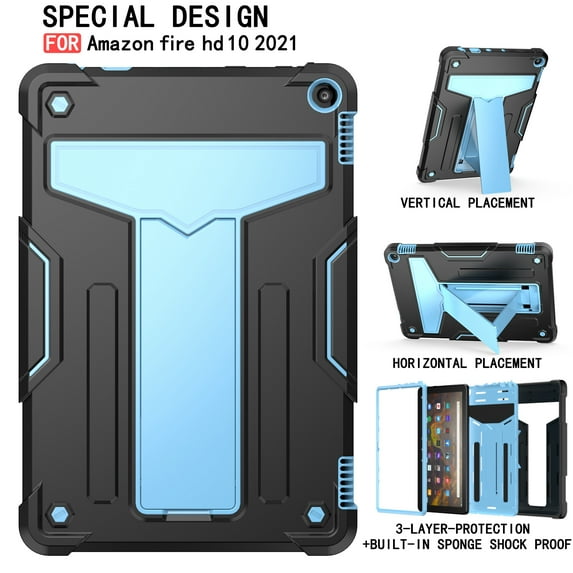 Dteck Case for Amazon Fire HD 10 11th Generation / HD 10 Plus 2021 Tablet, Heavy Duty Three Layes Rugged Shockproof Case Kickstand Cover with PET Screen Protector,Black + Blue