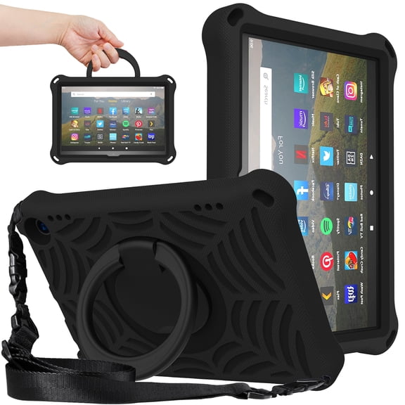 Dteck Case for Amazon Fire HD 8 2020 & Amazon Fire HD 8 Plus 2020, Heavy Duty Shockproof Rugged 3 Layer Kids Durable Case with Handle Kickstand Shoulder Strap,Black