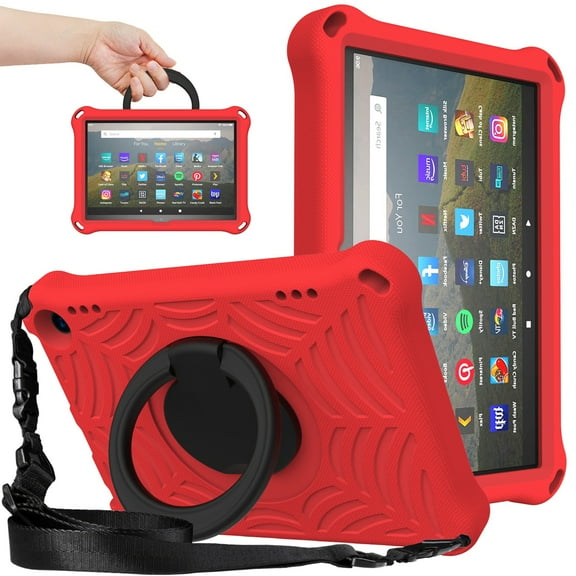 Dteck Case for Amazon Fire HD 8 2020 & Amazon Fire HD 8 Plus 2020, Heavy Duty Shockproof Rugged 3 Layer Kids Durable Case with Handle Kickstand Shoulder Strap,Red