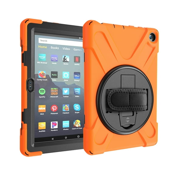Dteck Case For Amazon Fire HD8 10th Generation / Fire HD 8 Plus 2020 Tablet, Heavy Duty Three Layer Rugged Hybrid Shockproof Case with 360 Rotating Stand / Hand Strap, Orange