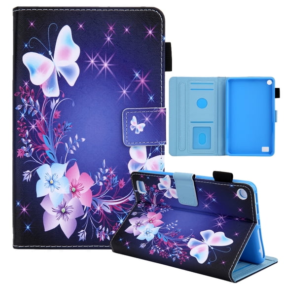 Dteck Case for Amazon Kindle Fire 7 (9th Generation 2019 & 7th Generation 2017 & 5th Generation 2015) 7-inch,Magnetic Patterned PU Leather Card Wallet Kickstand Case Smart Cover,Butterfly and Flowers