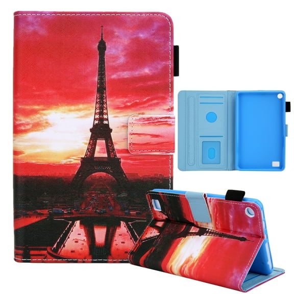 Dteck Case for Amazon Kindle Fire 7 (9th Generation 2019 & 7th Generation 2017 & 5th Generation 2015) 7-inch,Magnetic Patterned PU Leather Card Wallet Kickstand Case Smart Cover,Tower