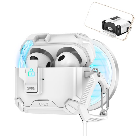 Dteck Case for Apple AirPods 2nd Generation/ AirPods 1st Gen Charing Case, Full Body Shockproof Hard Shell Protection Design,with Secure Lock Clip & Phone Stand,White