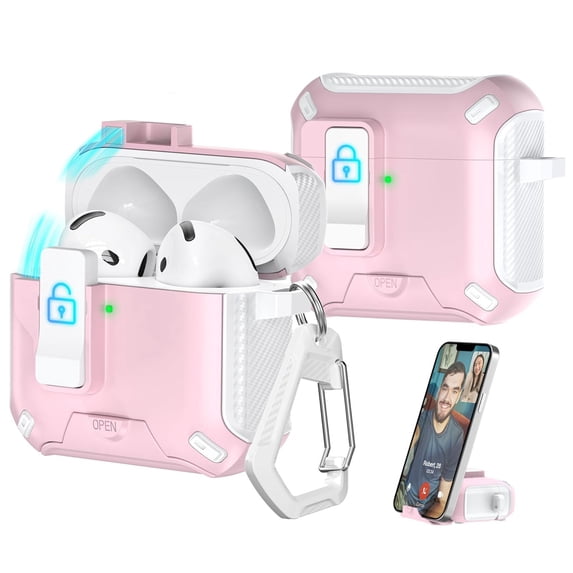 Dteck Case for Apple AirPods 3rd Generation 2021,Shockproof Anti Fall Lock Automatic Open Case Compatible with MagSafe New Charging Port Dust and Stand Design Cover,White+Pink