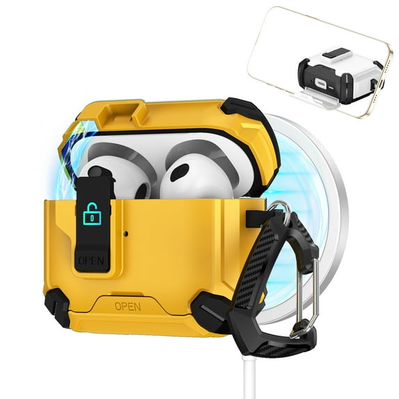 Dteck Case for Apple AirPods 3rd Generation Charing Case (2021), Full Body Shockproof Hard Shell Protection Design,with Secure Lock Clip & Phone Stand,Yellow