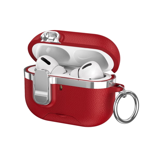 Dteck Case for Apple AirPods 4th Generation,Shockproof PU Leather with Lock Case Built-in Fold-out Phone Stand Cover with Carabiner Keychain for AirPods 4th Gen (2024), Red
