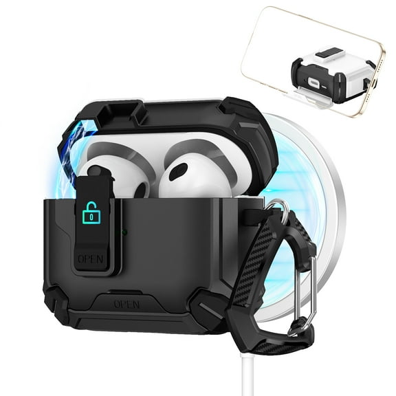 Dteck Case for Apple AirPods Pro (2019) Charing Case, Full Body Shockproof Hard Shell Protection Design,with Secure Lock Clip & Phone Stand Compatible with AirPods Pro 1st Gen 2019,Black