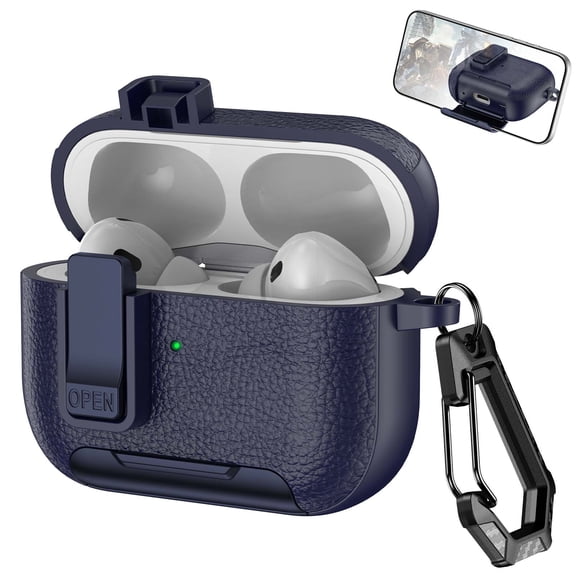 Dteck Case for Apple AirPods Pro 3rd Generation 2025,Shockproof Leather+PC Lock Case with Phone Stand Full Body Protective Cover with Keychain for AirPods Pro 3 (2025) ,Darkblue
