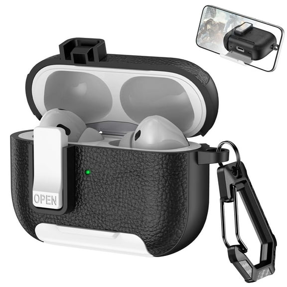 Dteck Case for Apple AirPods Pro 3rd Generation 2025,Shockproof Leather PC Lock Case with Phone Stand Full Body Protective Cover with Keychain for AirPods Pro 3 (2025) ,White Black