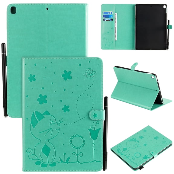Dteck Case For Apple iPad 9th Generation 10.2-inch 2021,Magnetic Leather Cat Patterned Wallet Card Holder Smart iPad 8th/7th Gen 10.2" Case Folio Stand Protective Automatic wake/sleep Cover,Green
