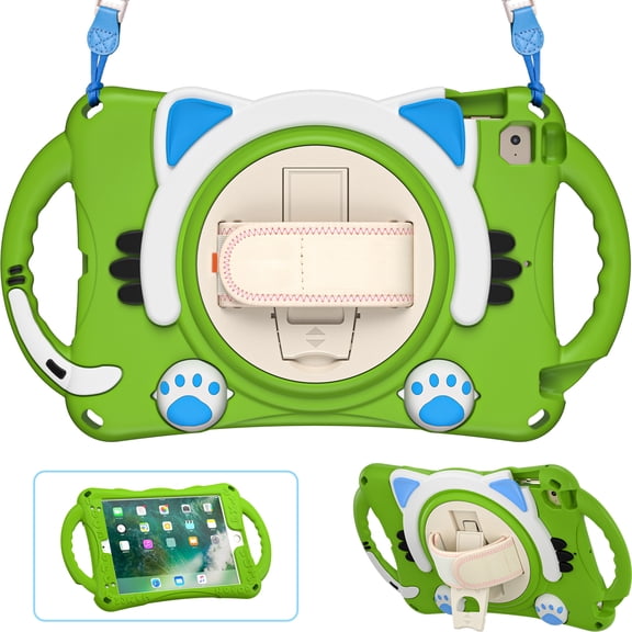 Dteck Case for Apple iPad mini 5/mini 4/mini 3/mini 2/mini 1（7.9-inch）,360° Rotating Hand Strap Kids Friendly Shockproof Cute Rubber Kickstand Case Cover with Shoulder Strap,Green