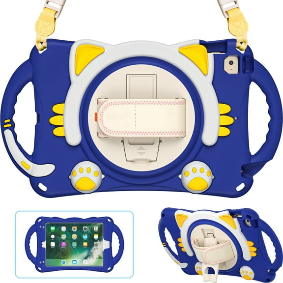 Dteck Case for Apple iPad mini 5/mini 4/mini 3/mini 2/mini 1(7.9-inch),360° Rotating Hand Strap Kids Friendly Shockproof Cute Rubber Kickstand Case Cover with Shoulder Strap,Darkblue