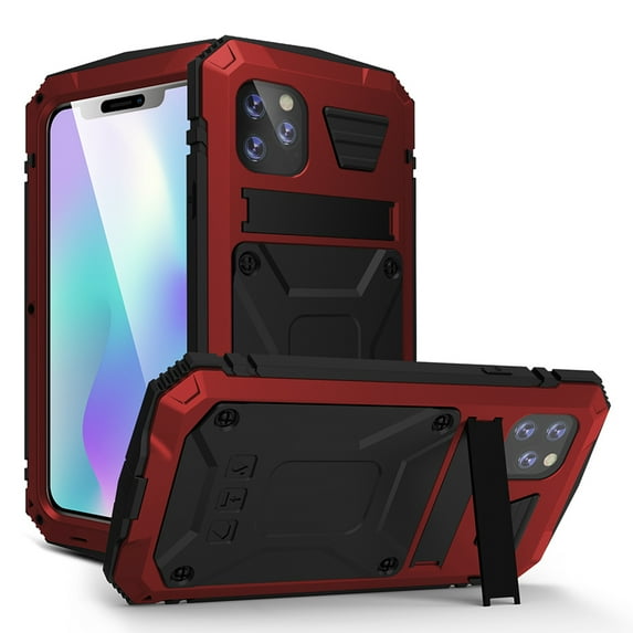 Dteck Case For Apple iPhone 11 (6.1 inch),Shockproof Armor Rubber Rugged Kickstand Metal Case Hybrid Built-in Tempered Glass Screen Protective Full Cover ,Red