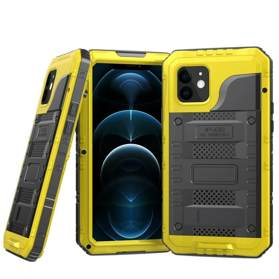 Dteck Case for Apple iPhone 12 6.1-inch,Luxuy Metal Waterproof Shockproof Rubber Hybrid Aluminum Alloy Back Case with nano waterproof membrane Cover,Yellow