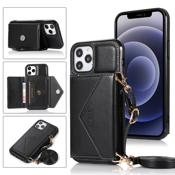 Dteck Case for Apple iPhone 12 Pro 6.1-inch,Luxury Leather Wallet iPhone 12 Case Magnetic Flip Card Holder Slots Back Protective Kickstand Phone Cover with Shoulder Strap (about 1.4m),Black