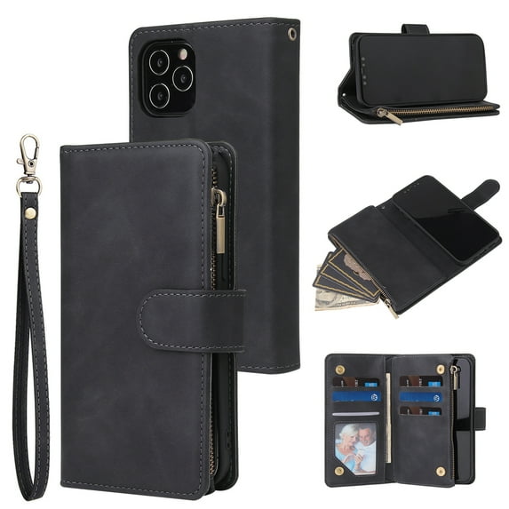 Dteck Case for Apple iPhone 12 Pro 6.1-inch,Luxury Leather Zipper Wallet Kickstand Case Magnetic Buckle Horizontal Flip Cover with 5 Card Slots/Photo Pocket for iPhone 12 6.1",Black