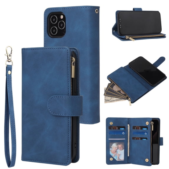 Dteck Case for Apple iPhone 12 Pro Max 6.7-inch,Luxury Leather Zipper Wallet Kickstand Case Magnetic Buckle Horizontal Flip Cover with 5 Card Slots/Photo Pocket,Blue