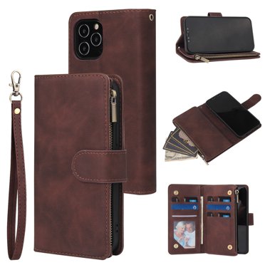 Dteck Case for Apple iPhone 12 Pro Max 6.7-inch,Luxury Leather Zipper Wallet Kickstand Case Magnetic Buckle Horizontal Flip Cover with 5 Card Slots/Photo Pocket,Coffee