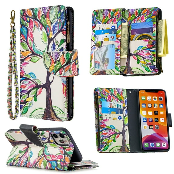 Dteck Case for Apple iPhone 12 Pro Max 6.7-inch,Magnetic Patterned Leather Zipper Card Holder Wallet Flip Phone Case Kickstand Shockproof with Hand Strap Cover,Tree