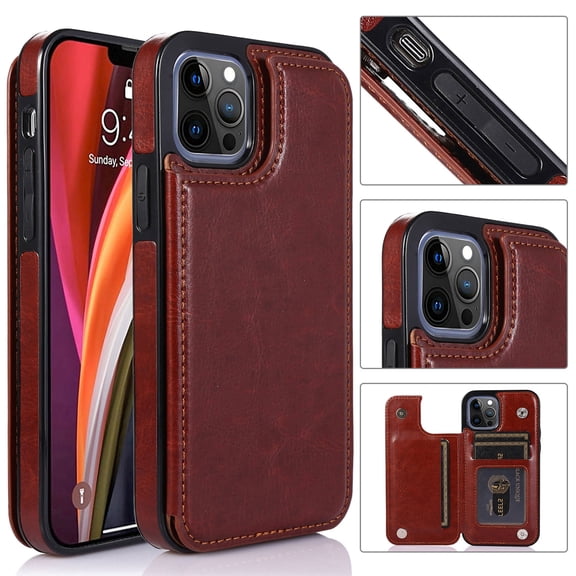 Dteck Case for Apple iPhone 12 Pro Max 6.7-inch,Shockproof PU Leather Wallet Case Card Holder Kickstand Flip Magnetic Hybrid Rubber Back Phone Cover,Brown