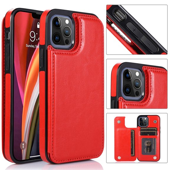 Dteck Case for Apple iPhone 12 Pro Max 6.7-inch,Shockproof PU Leather Wallet Case Card Holder Kickstand Flip Magnetic Hybrid Rubber Back Phone Cover,Red