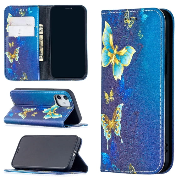 Dteck Case for Apple iPhone 12 mini 5.4-inch,Patterned Flip PU Leather Wallet Case Magnetic 3 Card Holder Slots with 1 Cash Pocket Protective Kickstand Shell Cover,Gold/Blue Butterfly
