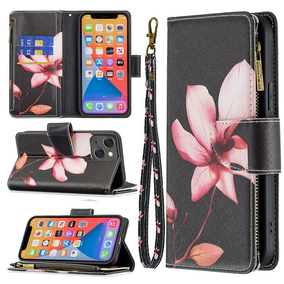 Dteck Case for Apple iPhone 13 6.1-inch,Magnetic Patterned Leather Zipper Card Holder Wallet Flip iPhone 13 6.1" Phone Case Kickstand Shockproof with Hand Strap Cover,Flower