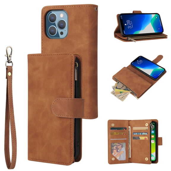 Dteck Case for Apple iPhone 13 Pro 6.1-inch,Luxury Leather Zipper Wallet Kickstand Case Magnetic Buckle Horizontal Flip Cover with 5 Card Slots/Photo Pocket for iPhone 13 Pro,Brown