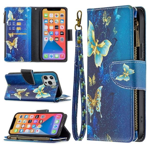 Dteck Case for Apple iPhone 13 Pro 6.1-inch,Magnetic Patterned Leather Zipper Card Holder Wallet Flip Phone Case Kickstand Shockproof with Hand Strap Cover,Gold Butterfly