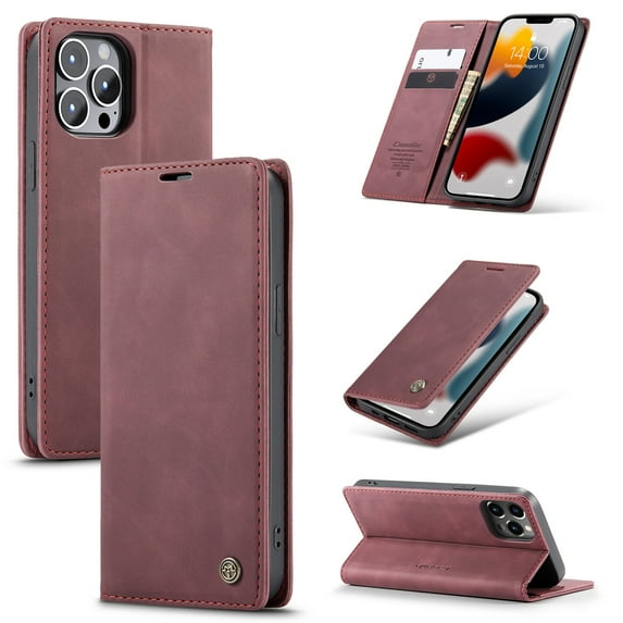 Dteck Case for Apple iPhone 13 Pro 6.1-inch,Retro Shockproof Wallet Phone Case Kickstand Credit Card Slot Premium Protective PU Leather Flip Magnetic Cover,Winered