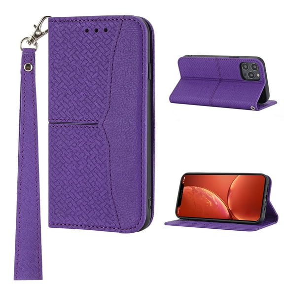 Dteck Case for Apple iPhone 13 Pro Max 6.7" 2021 with Wrist Strap Lanyard Card Pocket Magnetic Kickstand Shockproof Woven Pattern PU Leather Flip Folio Stand Wallet Cover for iPhone 13 Pro Max,Purple