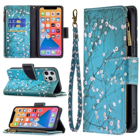 Dteck Case for Apple iPhone 13 Pro Max 6.7-inch,Magnetic Patterned Leather Zipper Card Holder Wallet Flip Phone Case Kickstand Shockproof with Hand Strap Cover,Plum Blossom