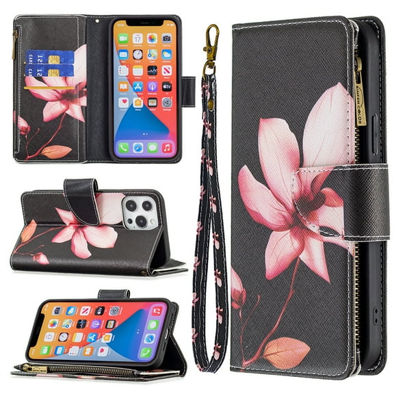 Dteck Case for Apple iPhone 13 Pro Max 6.7-inch,Magnetic Patterned Leather Zipper Card Holder Wallet Flip Phone Case Kickstand Shockproof with Hand Strap Cover,Flower