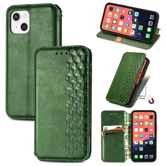 Dteck Case for Apple iPhone 13 mini 5.4-inch,Luxury Leather Card Holder Wallet Hybrid Rubber Flip Magnetic Case Kickstand Protective Phone Cover,Green