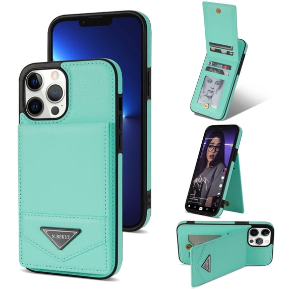 Dteck Case for Apple iPhone 15 Plus PU Leather Wallet with Card Holder, Flip Cover Kickstand Card Slots Double Magnetic Clasp Shockproof Heavy Duty Protective Case, Mint