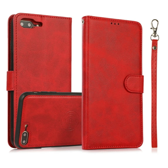 Dteck Case for Apple iPhone 7 Plus 5.5-inch,iPhone 8 Plus Detachable Case Card Slots Wallet Magnetic Leather 2 in 1 Design Shockproof Stand Cover Support Car Mount Case,Red