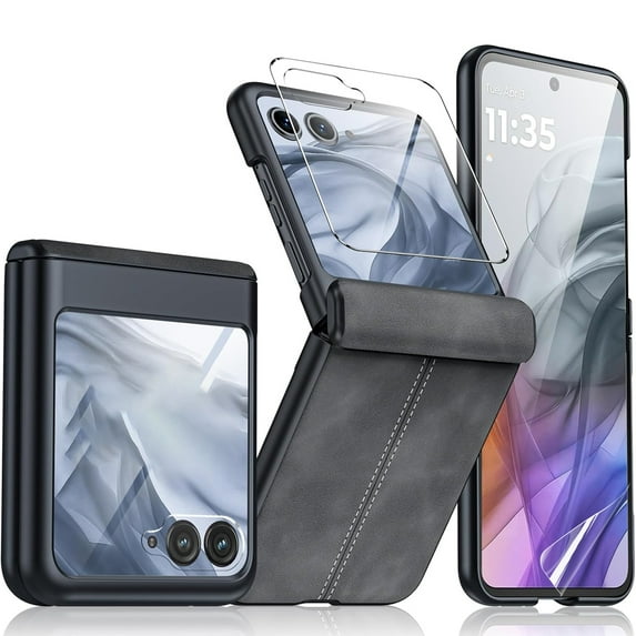 Dteck Case Built-in Front Screen Protector Case for Motorola Razr+ 2024/2025,Slim Leather Hinge Protection Case Shockproof Hard PC Bumper Cover with Soft Screen Protector,Black