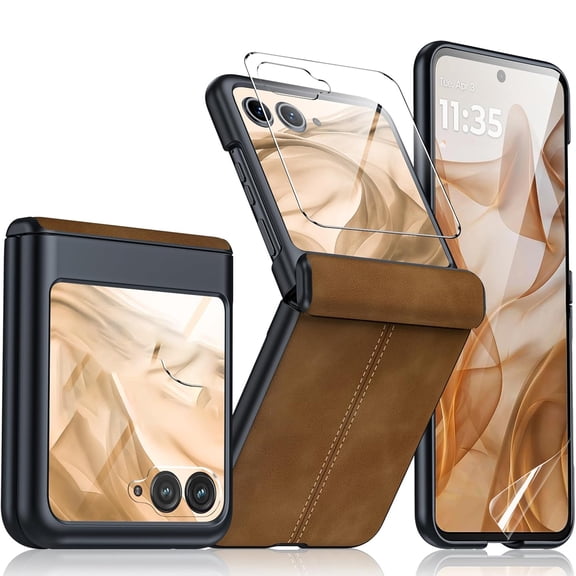 Dteck Case Built-in Front Screen Protector Case for Motorola Razr 2024/2025,Slim Leather Hinge Protection Case Shockproof Hard PC Bumper Cover with Soft Screen Protector,Brown