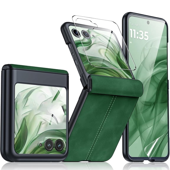 Dteck Case Built-in Front Screen Protector Case for Motorola Razr Ultra 2025,Slim Leather Hinge Protection Case Shockproof Hard PC Bumper Cover with Soft Screen Protector,Green
