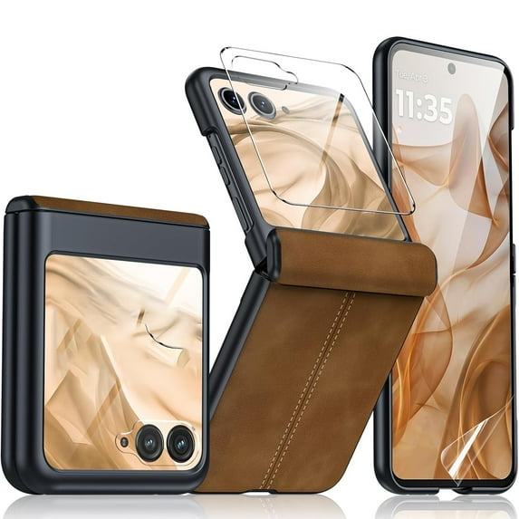 Dteck Case Built-in Front Screen Protector Case for Motorola Razr Ultra 2025,Slim Leather Hinge Protection Case Shockproof Hard PC Bumper Cover with Soft Screen Protector,Brown
