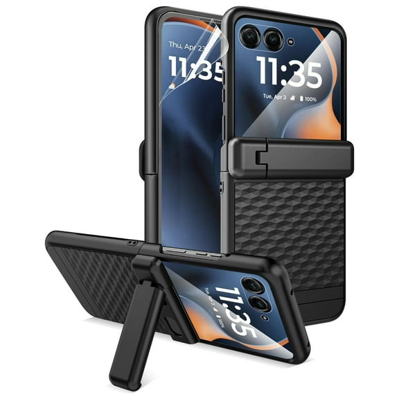 Dteck Case Built-in Front Tempered Glass Screen Protector for Motorola Razr 2025,Shockproof Hinge Protection Case Stand Non-Slip Anti-Scratch Matte Cover with Soft Screen Protector,Black