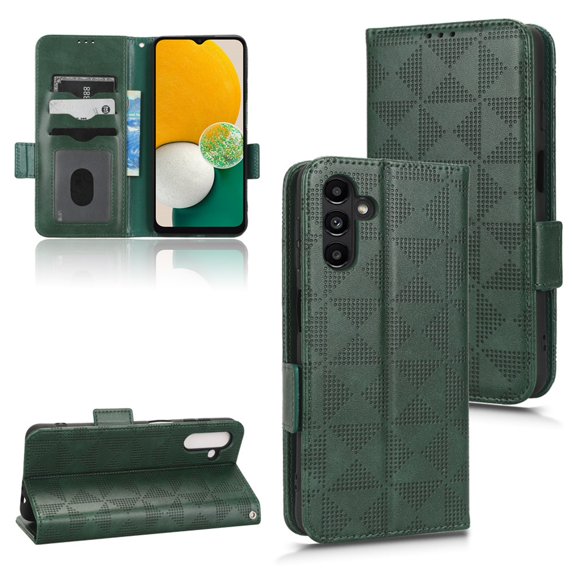 Dteck Case Compabile With Samsung Galaxy A33 5G 6.5 " 2022, PU Leather Surfcace Embossed Triangle Cash Pocket & Card Holders Flip Kickstand Detachable Lanyard Full Protective Wallet Case, Green