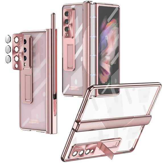 Dteck Case Compabile With Samsung Galaxy Z Fold3 2021, Hard PC Shell with Magnetic Hinge Plating Shell & Kickstand Tempered Film High-defintion Translucent Case for Samsung Galaxy Z Fold3, Rosegold