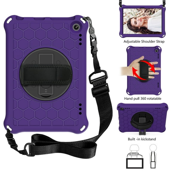 Dteck Case Compatible with All-New Kindle Fire HD 8 Tablet and Fire HD 8 Plus Tablet (10th Generation, 2020 Release) with Adjustable Shoulder Strap, 360 Rotating Kickstand Shockproof Case, Purple