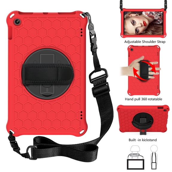 Dteck Case Compatible with Kindle Fire HD 10 Tablet (7th Generation and 9th Generation, 2017 and 2019 Release) with Adjustable Shoulder Strap, 360 Rotating Kickstand Shockproof Case, Red+Black