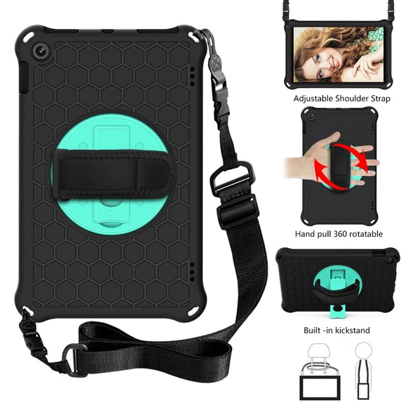 Dteck Case Compatible with Kindle Fire HD 10 Tablet (7th Generation and 9th Generation, 2017 and 2019 Release) with Adjustable Shoulder Strap, 360 Rotating Kickstand Shockproof Case, Black+Mint