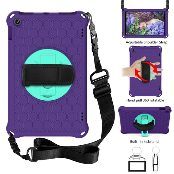 Dteck Case Compatible with Kindle Fire HD 10 Tablet (7th Generation and 9th Generation, 2017 and 2019 Release) with Adjustable Shoulder Strap, 360 Rotating Kickstand Shockproof Case, Purple+Mint