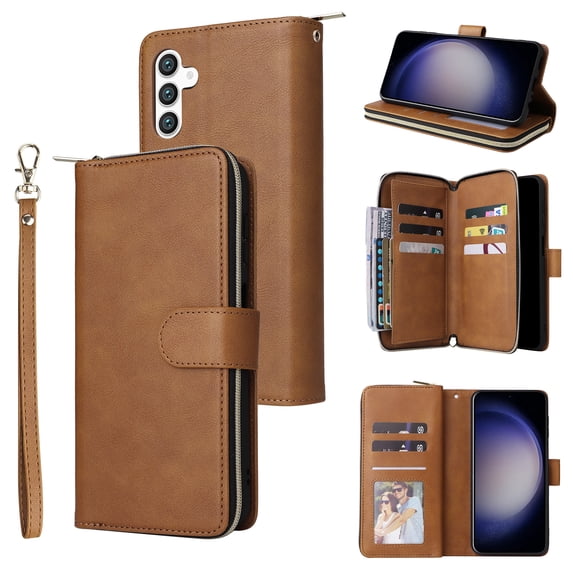 Dteck Case Compatible with Samsung Galaxy A25 5G,Magnetic Leather Wallet Case with 9 Card Slots Stand RFID Blocking Premium Zipper Protective Flip Leather Phone Cover with Wrist Strap,Brown