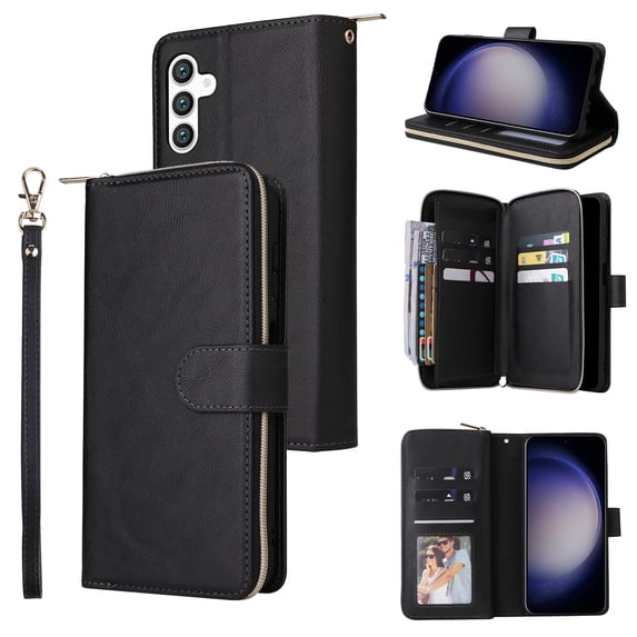 Dteck Case Compatible with Samsung Galaxy A25 5G,Magnetic Leather Wallet Case with 9 Card Slots Stand RFID Blocking Premium Zipper Protective Flip Leather Phone Cover with Wrist Strap,Black