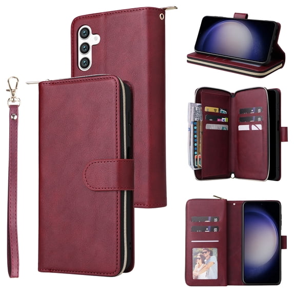Dteck Case Compatible with Samsung Galaxy S24,Magnetic Leather Wallet Case with 9 Card Slots Stand RFID Blocking Premium Zipper Protective Flip Leather Phone Cover with Wrist Strap,Winered